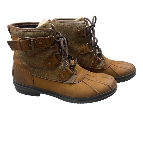 UGG Womens Cecile Waterproof Duck Boots 6.5 Brown Leather Wool Sheepskin - Picture 1 of 7